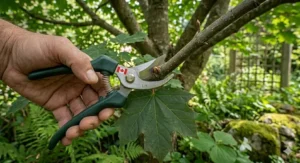 Left-handed pruning shears cleanly cutting a small branch.