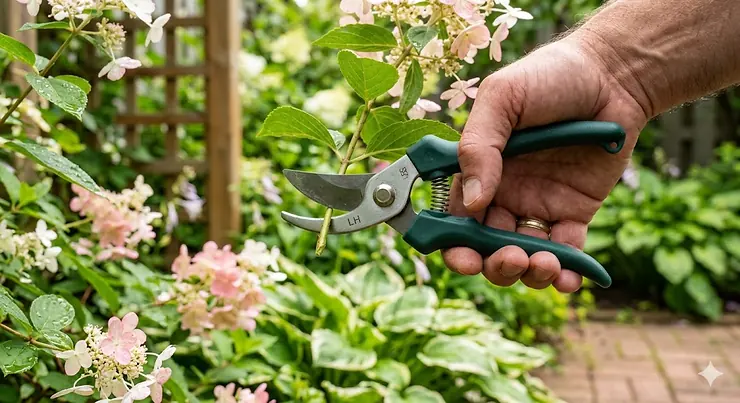 Ergonomic left-handed pruning shears for precise garden trimming.