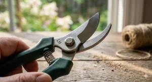 Close-up of reverse-blade design on left-handed pruning shears.