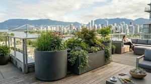 Lightweight extra large outdoor planters for apartment balconies.