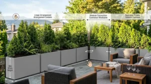 Illustrative layout showing modular planters arranged to create a seamless privacy screen.