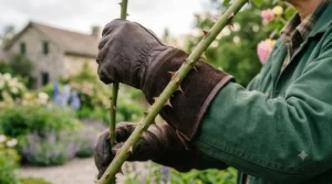 Close-up of extended-cuff thorn-proof gloves protecting forearms from rose thorns.