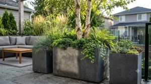 Close-up of contemporary concrete-style planters used for stylish privacy screening.