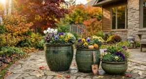 Modern glazed frost-resistant ceramic pot for outdoor landscaping. / Pot en céramique vernissée résistante au gel pour aménagement extérieur.