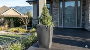 A tall, minimalist ceramic planter suitable for Canadian outdoor entryways.