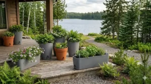 Durable outdoor self-watering planters for vacation garden use.