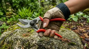 Close-up of cleaning and sharpening garden pruner blades for longevity.