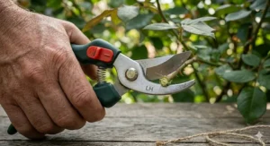 Bypass cutting action of left-handed gardening shears.