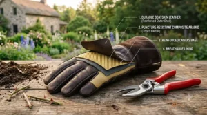 Diagram highlighting puncture-resistant material layers in heavy-duty rose pruning gloves.