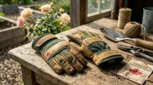Puncture-resistant gardening gloves featuring reinforced fingertips for heavy landscaping and moving garden debris.