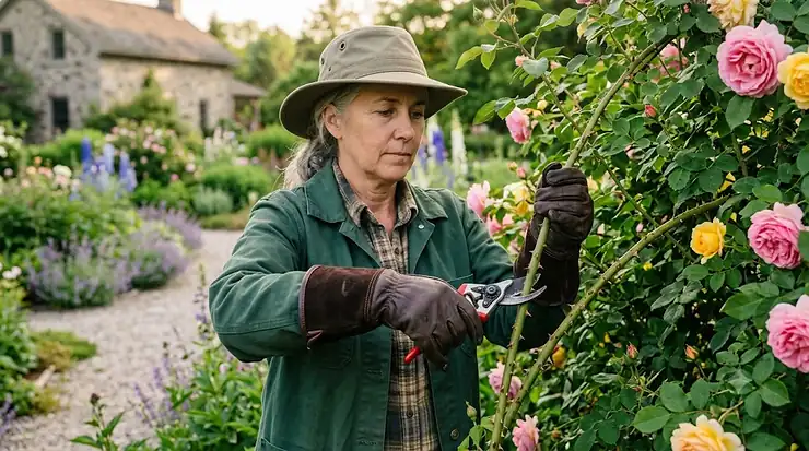 Gardener wearing thorn-proof leather gloves while pruning rose bushes in a Canadian spring garden. rose pruning gloves thorn proof