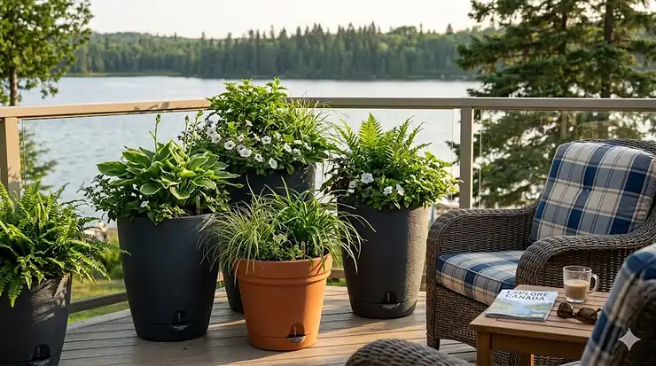 Modern self-watering planters for vacation on a Canadian patio.