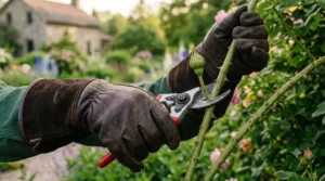Illustration showing a gardener using bypass pruners and protective gloves to trim rose canes.