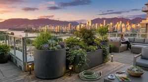 Square extra large outdoor planters used for patio division.