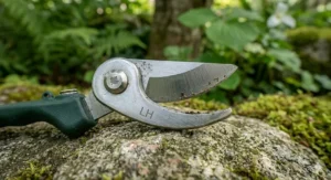 Durable carbon steel blade on left-handed garden shears.