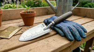 Narrow blade trowel efficiently removing weeds from garden beds.
