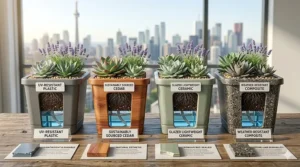 Comparison chart of materials for self-watering planters / Tableau comparatif des matériaux pour jardinières à auto-arrosage.