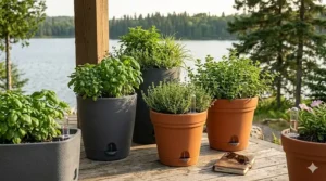 Healthy herbs in self-watering planters for vacation travel ease.