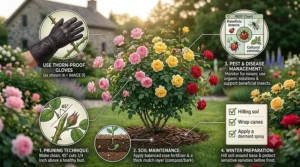 Using sturdy gloves to tidy up rose beds in the Canadian autumn before the first frost.