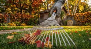 Close-up of heavy-duty steel tines on an adjustable width garden rake.