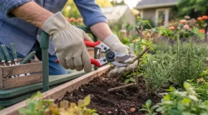 Ratchet pruning shears included in a specialized garden tool set for seniors to easily cut woody stems with minimal hand strength.