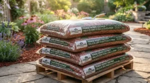 Retail bags of Canadian-sourced cedar mulch for garden beds stacked ready for spring landscaping projects.