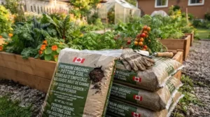 Bags of high-quality Canadian potting soil for vegetable garden spring planting stacked outdoors.