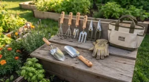 Flat lay of a 3-piece beginner garden tool set with ergonomic non-slip handles, ideal for planting spring flowers across Canada.