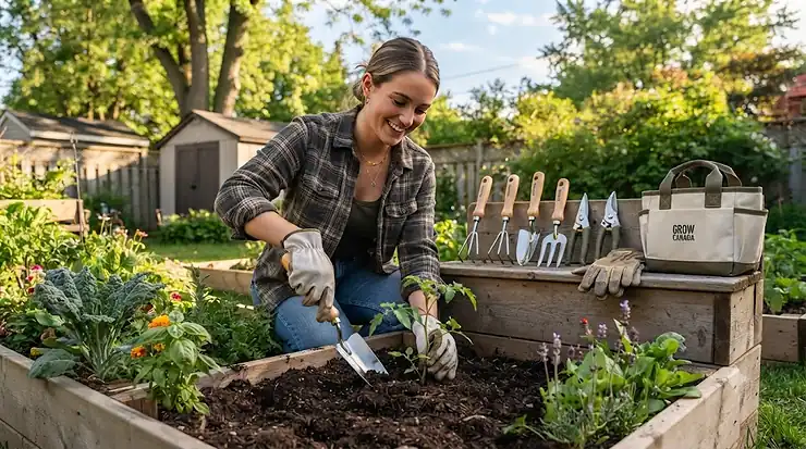 A complete beginner garden tool set featuring stainless steel trowel, cultivator, and pruners laid out on a wooden potting bench for Canadian backyard gardening.