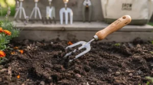 Using a three-tine cultivator from a beginner garden tool set to loosen soil and prepare raised garden beds for the short Canadian growing season.
