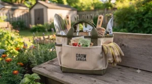 A beginner garden tool set paired with durable work gloves and seed packets, ready for growing vegetables in a Canadian community garden.