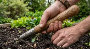 Precision weeding around vegetable plants with a garden hoe.