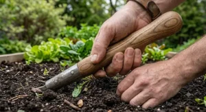 Using the best garden hoe in a Canadian raised garden bed.