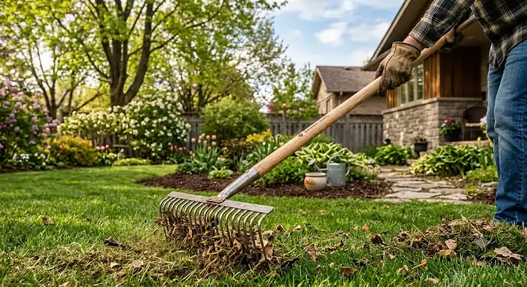 A person raking thatch and organic debris from a lush lawn using a durable garden rake in a detailed Canadian backyard setting during spring. best garden rake
