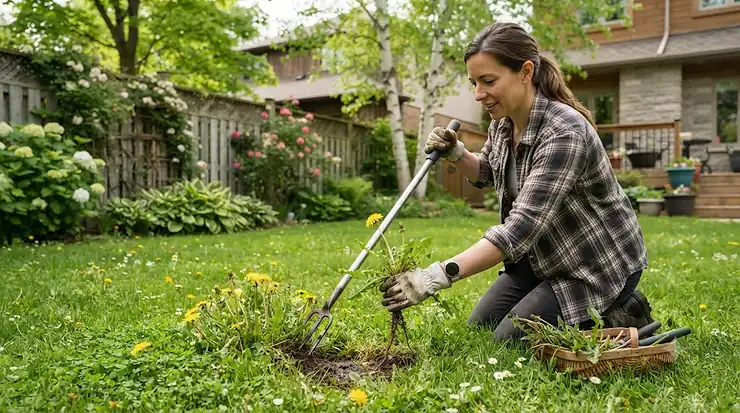 Person using a tool for removing dandelions in a Canadian backyard.
