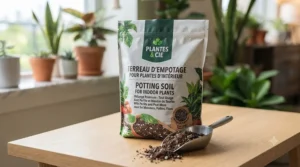 Bilingual English and French bag of potting soil for indoor plants suited for Canadian plant enthusiasts.