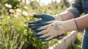 Lightweight, breathable knit gardening gloves for summer yard work.