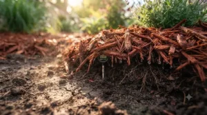 Infographic illustrating how cedar mulch for garden beds retains soil moisture during dry Canadian summers.