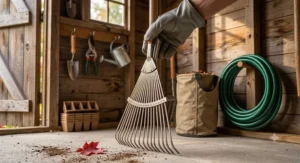 Compact storage mode for an adjustable width garden rake in a shed.