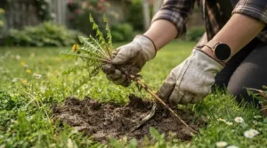 Stainless steel tool for removing dandelions in heavy soil.