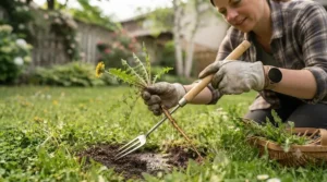 Using a manual tool for removing dandelions for organic lawn care.