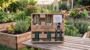 Gift-ready box layout of an ergonomic garden tool set for seniors featuring bilingual English and French Canadian packaging labels.