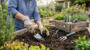 Close-up of soft-grip handles on a lightweight garden tool set for seniors designed to reduce hand strain and arthritis fatigue.