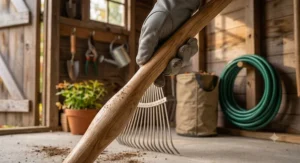 Ergonomic handle grip of the adjustable width garden rake for garden work.