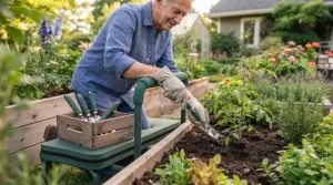 Padded folding garden kneeler and seat paired with a garden tool set for seniors for comfortable planting during spring in Canada.