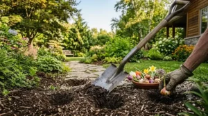 Using a sharp garden spade to dig small, clean holes for planting spring bulbs.