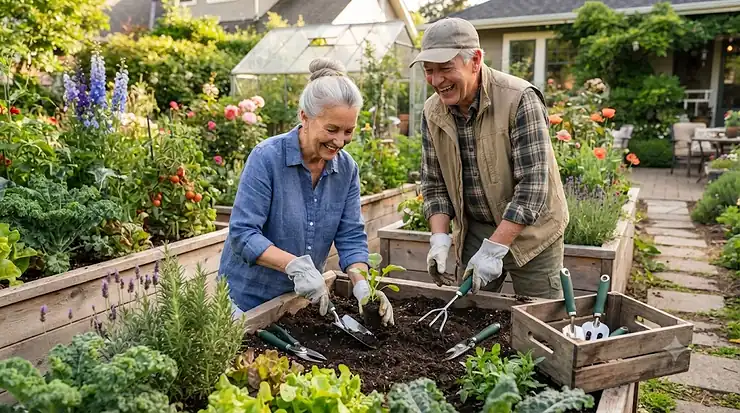 Senior couple smiling while using an ergonomic garden tool set for seniors in a sunny Canadian backyard garden raised bed.