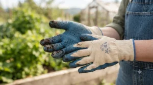 Close-up of hands wearing comfortable, breathable gardening gloves.