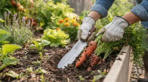 Gardener using a hori hori knife to harvest root vegetables.