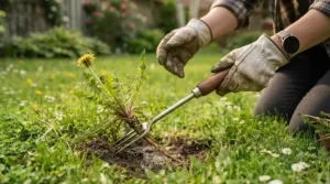 Ergonomic hand tool for removing dandelions from lawn.